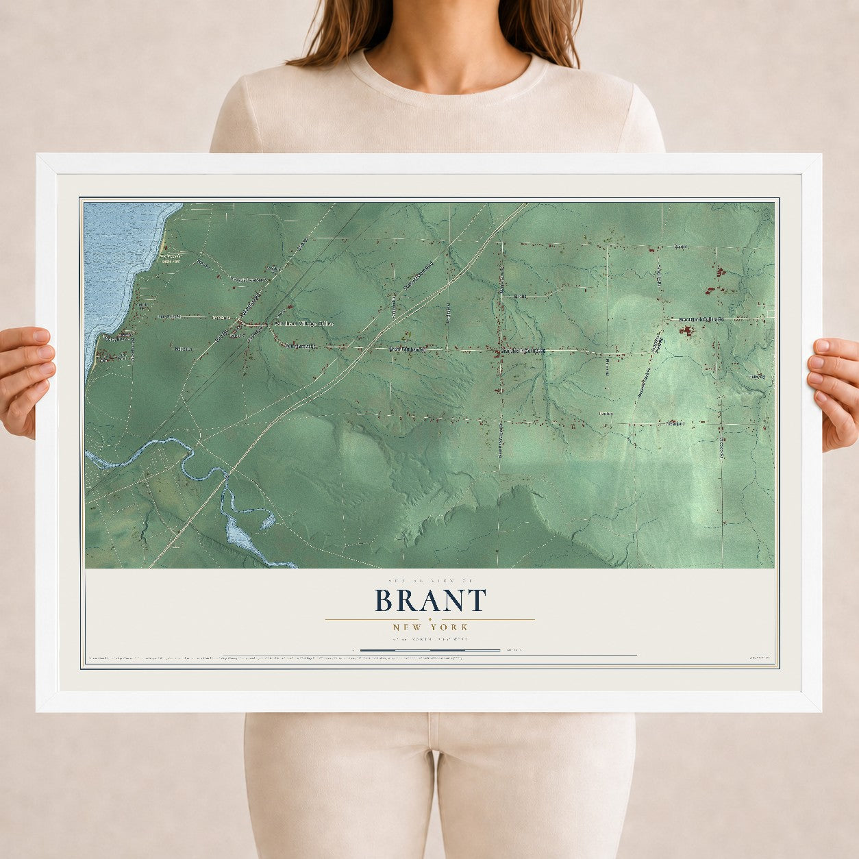 Brant, New York map print, 18" x 24" W/ White Ayous Wood Frame mockup