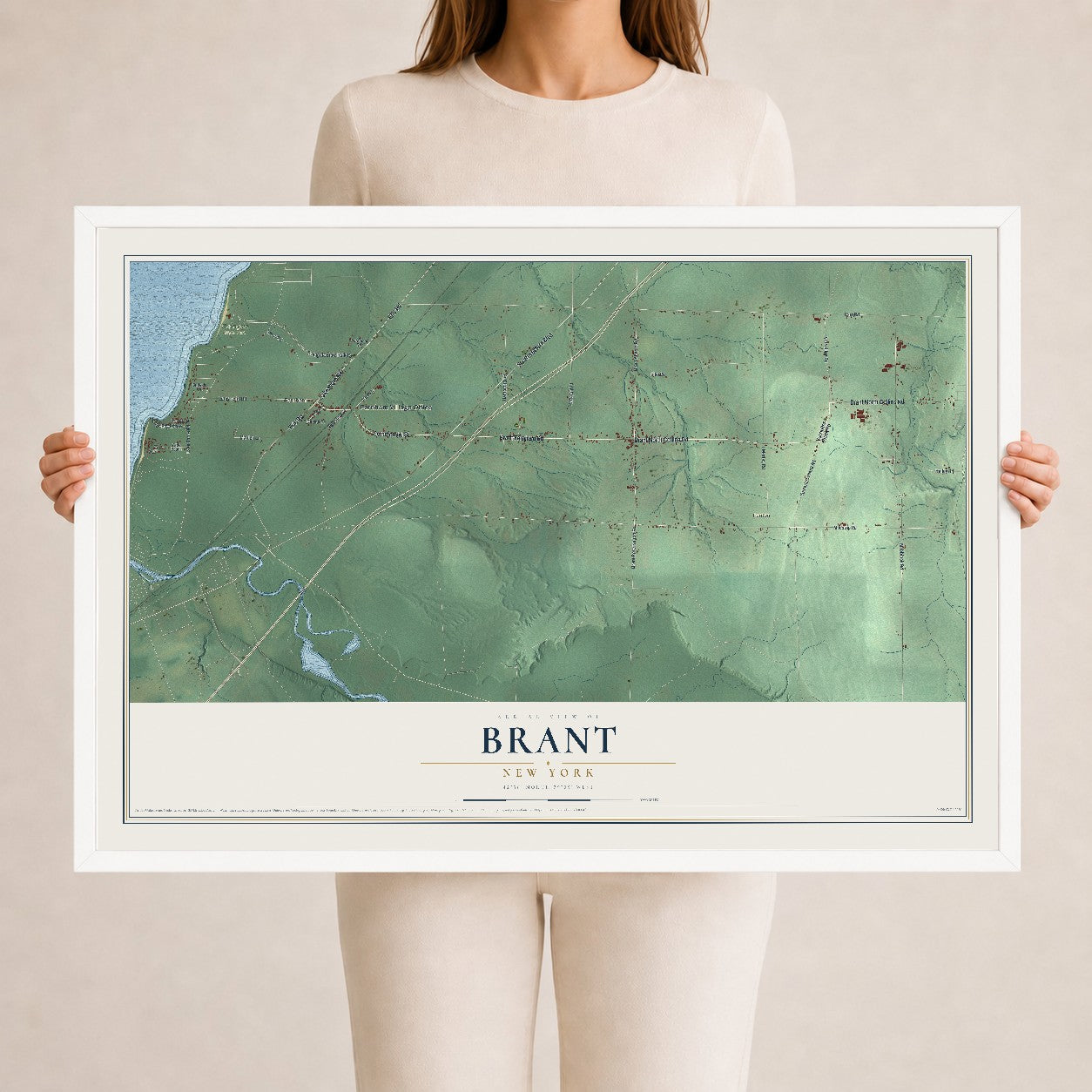 Brant, New York map print, 24" x 36" W/ White Ayous Wood Frame mockup