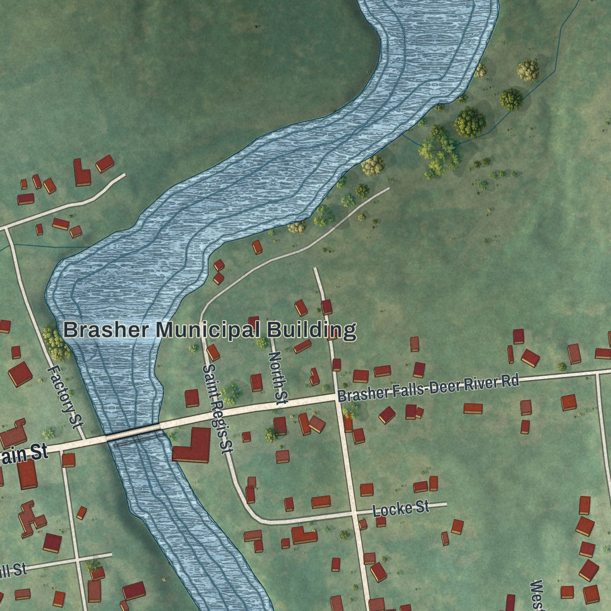 Close-up of the map of Brasher Falls, New York print showing street and building detail