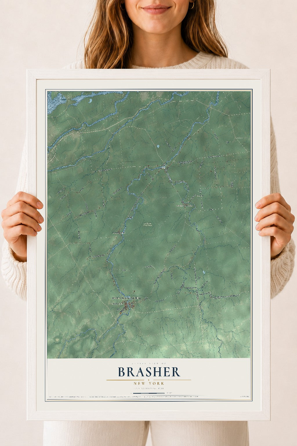 Brasher, New York map print, 18" x 24" W/ White Ayous Wood Frame mockup
