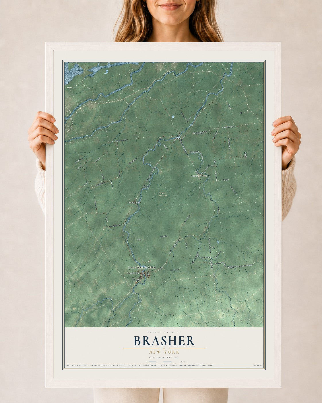 Brasher, New York map print, 24" x 36" W/ White Ayous Wood Frame mockup