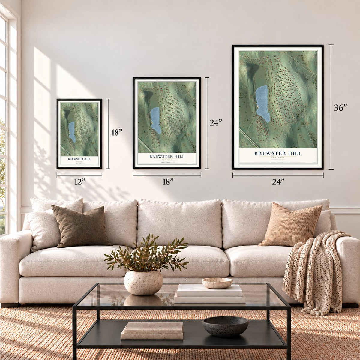 Brewster Hill, New York map in 12 x 18, 18 x 24 and 24 x 36 inch sizes above a sofa