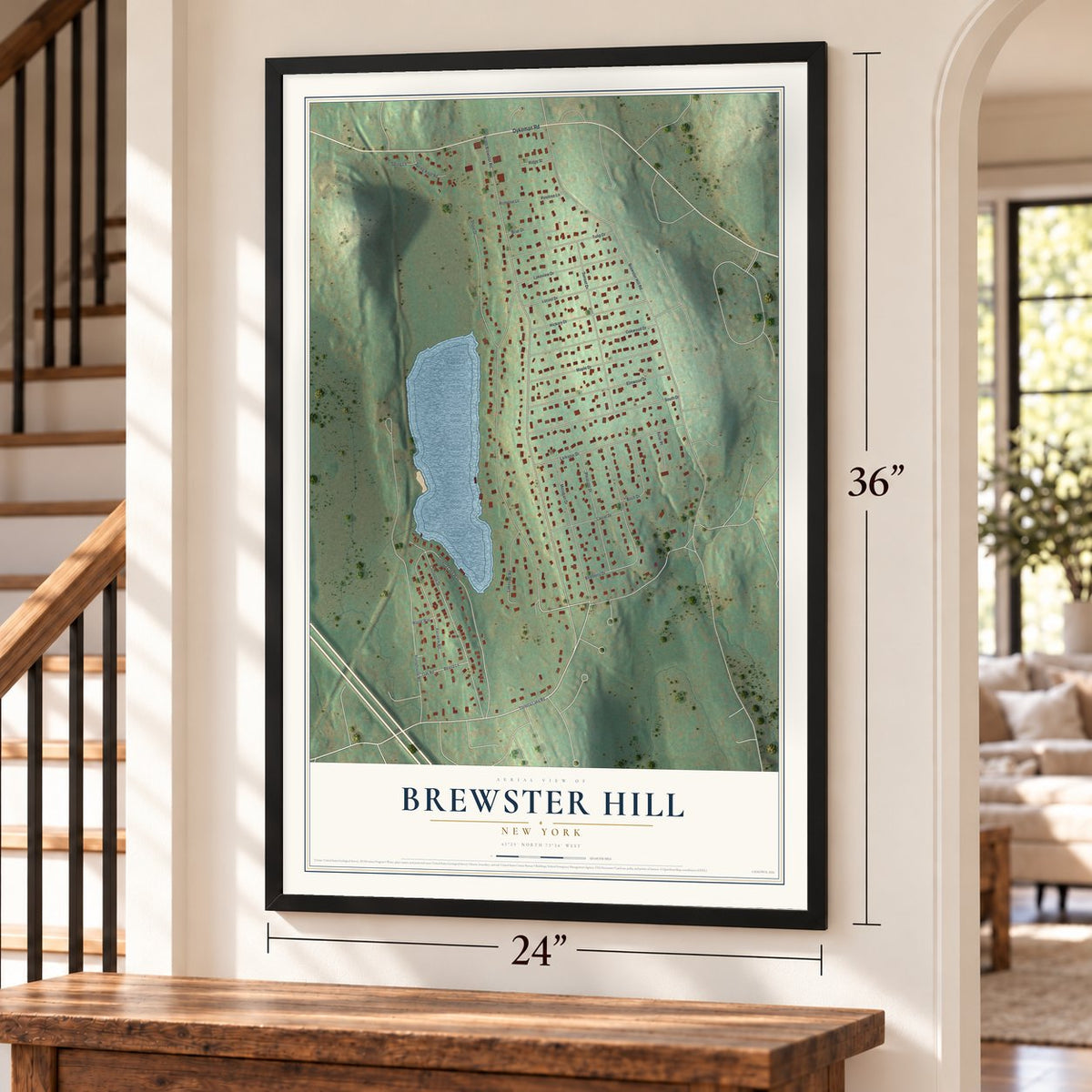 Brewster Hill, New York map, 24 x 36 inch print in a black frame by a staircase