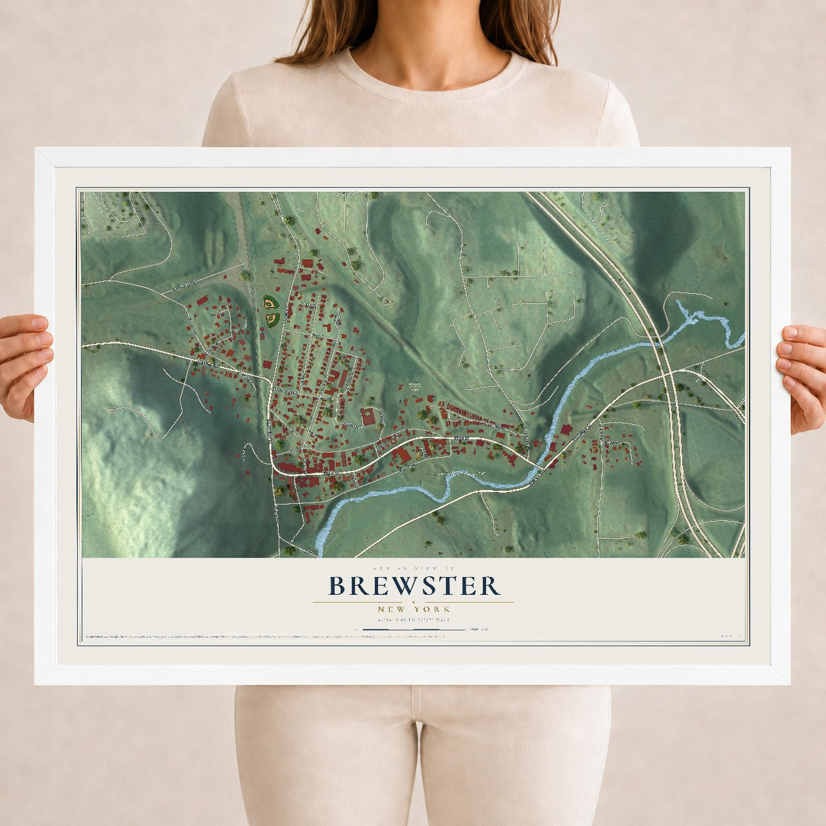 Brewster, New York map print, 18" x 24" W/ White Ayous Wood Frame mockup