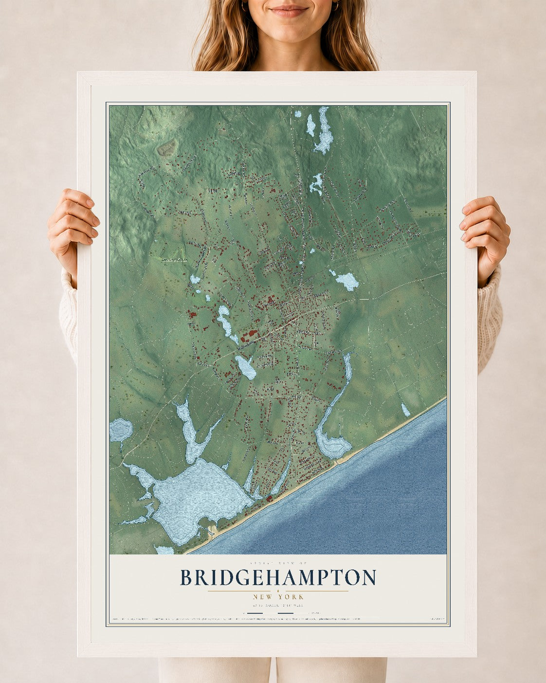 Bridgehampton, New York map print, 24" x 36" W/ White Ayous Wood Frame mockup