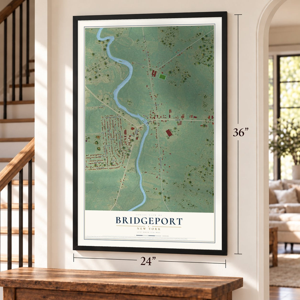 Bridgeport, New York map, 24 x 36 inch print in a black frame by a staircase