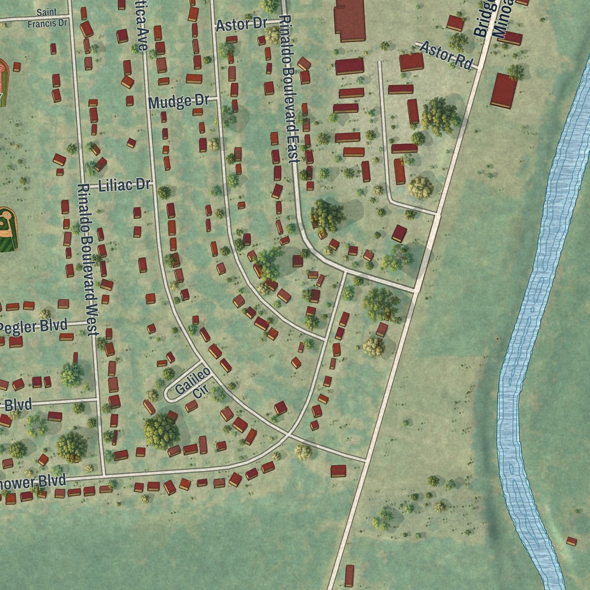 Close-up of the map of Bridgeport, New York print showing street and building detail