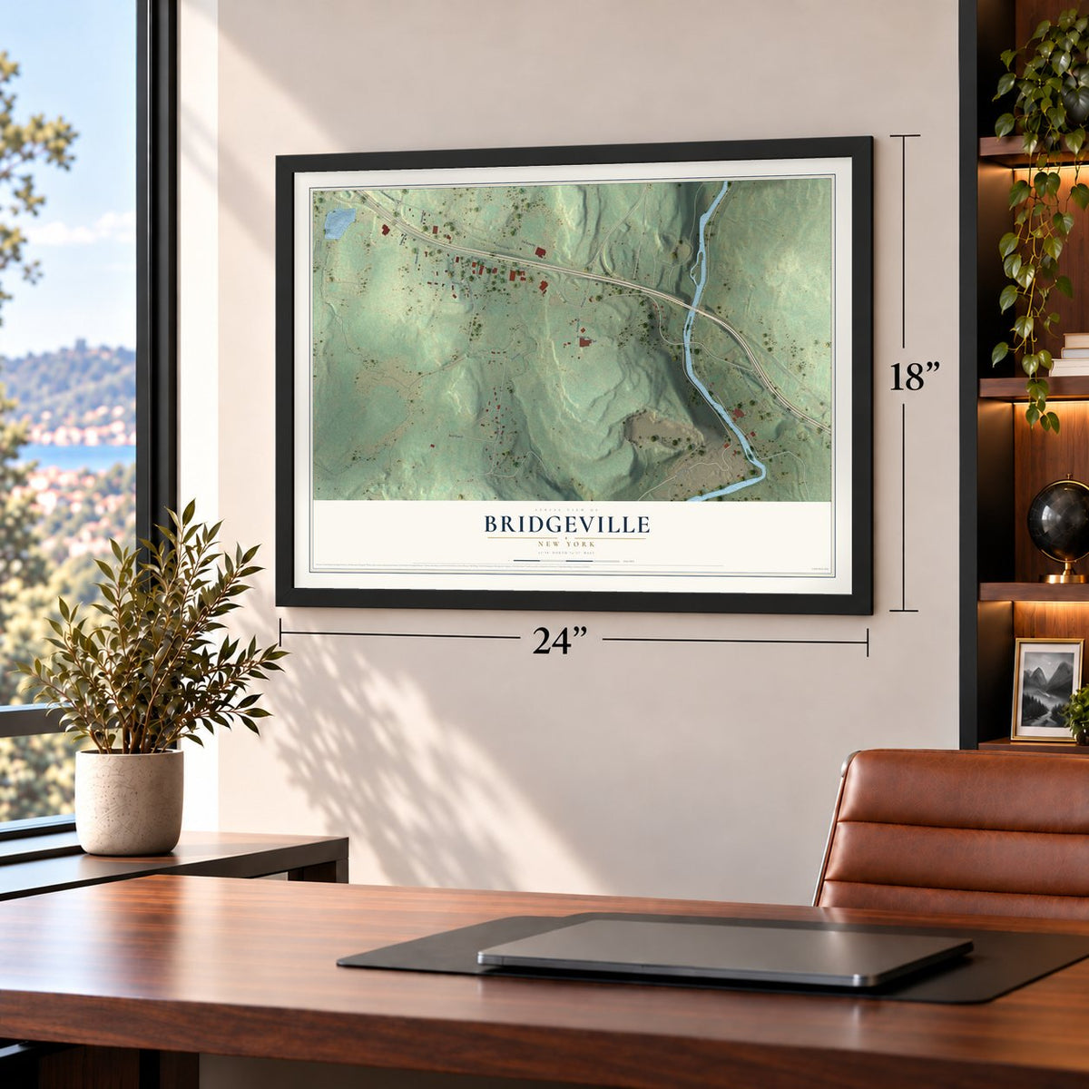 Bridgeville, New York map, 18 x 24 inch print in a black frame in a home office