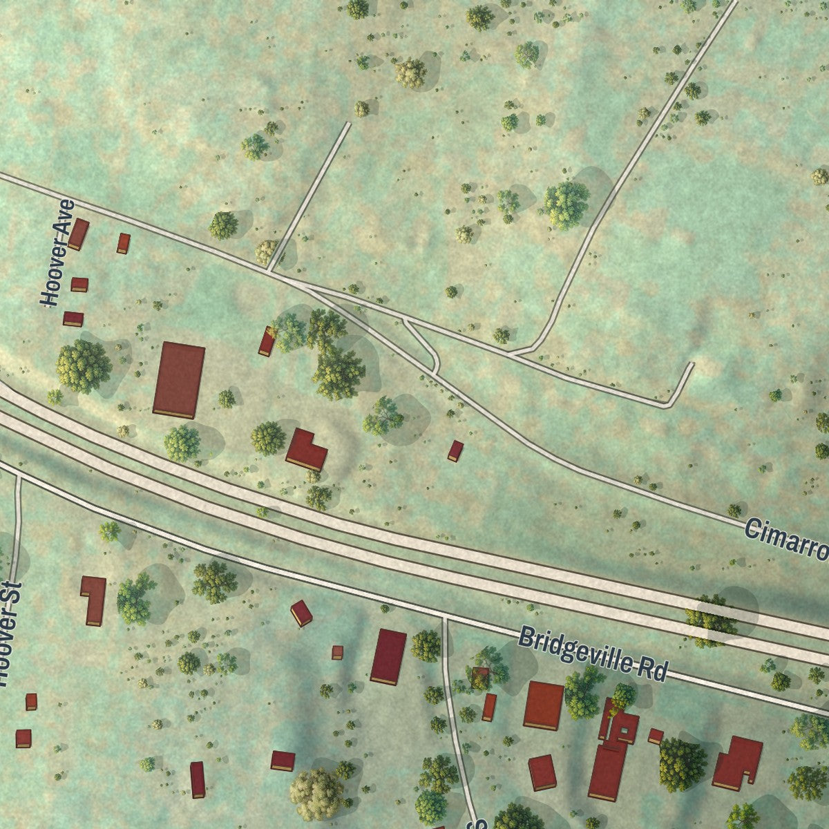 Close-up of the map of Bridgeville, New York print showing street and building detail