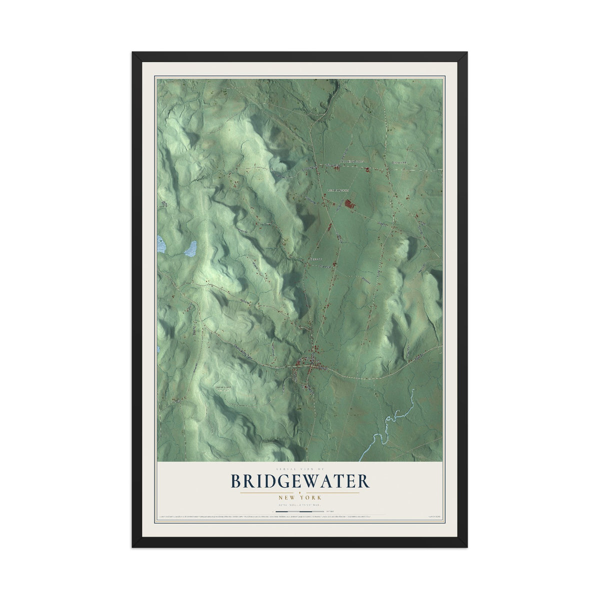 Bridgewater, New York map print, 12" x 18" W/ Black Ayous Wood Frame mockup