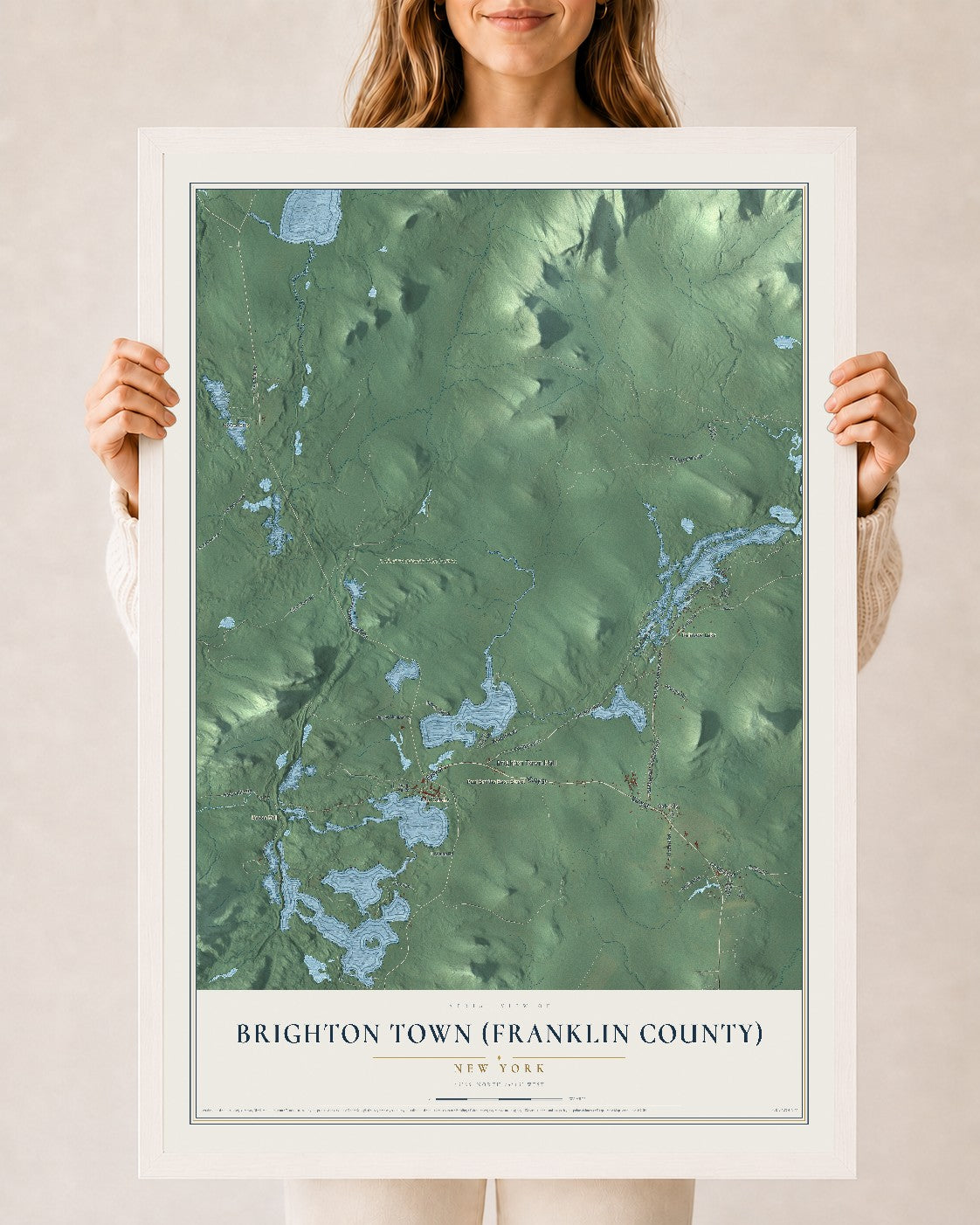 Brighton Town (Franklin County), New York map print, 24" x 36" W/ White Ayous Wood Frame mockup