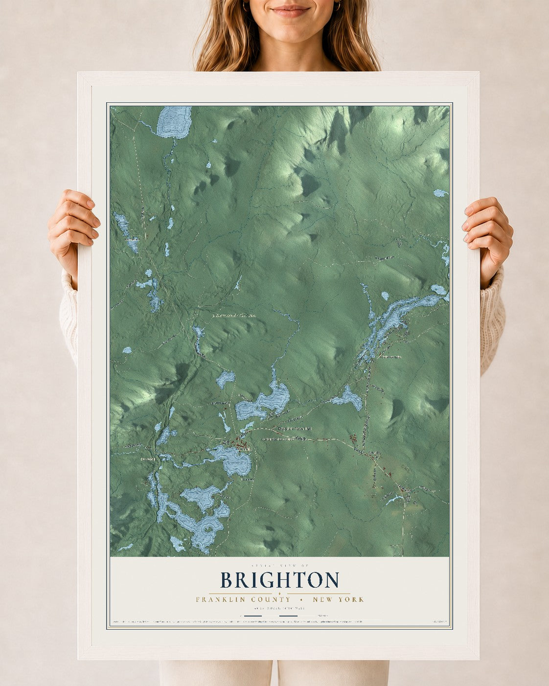 Map of Brighton, Franklin County, New York, 24 x 36 inch print in a white wood frame