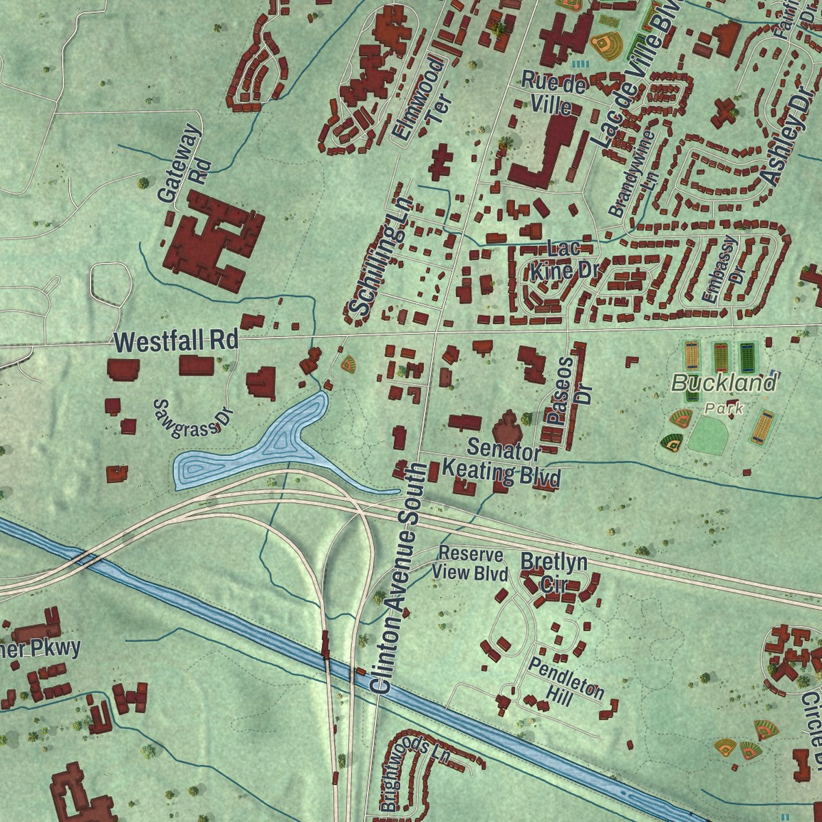 Second close-up of the map of Brighton, Monroe County, New York print showing more streets and buildings