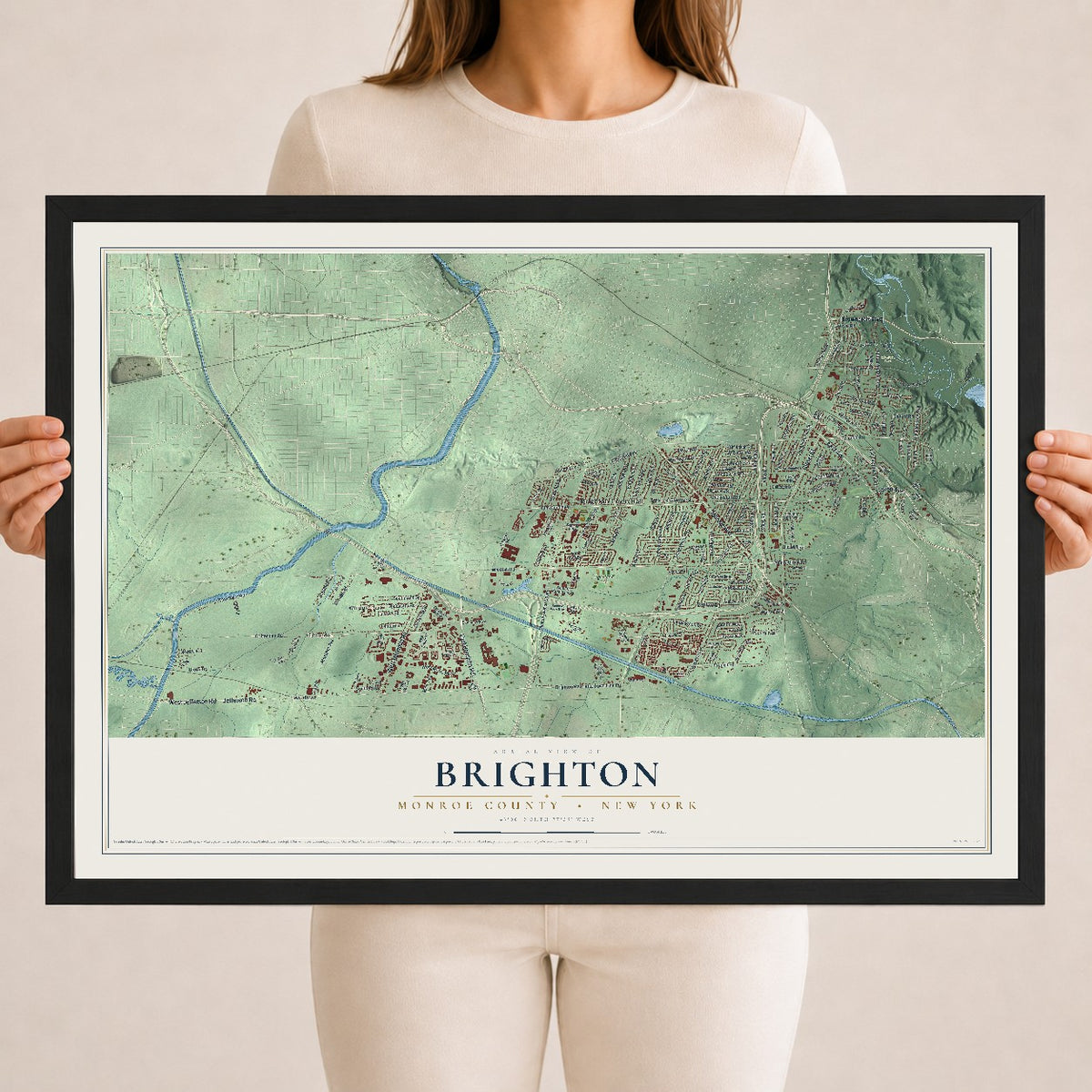 Map of Brighton, Monroe County, New York, 18 x 24 inch print in a black wood frame