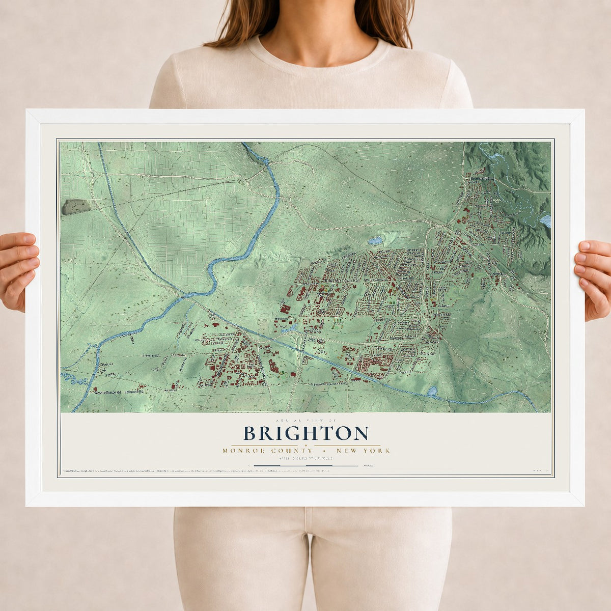 Map of Brighton, Monroe County, New York, 18 x 24 inch print in a white wood frame