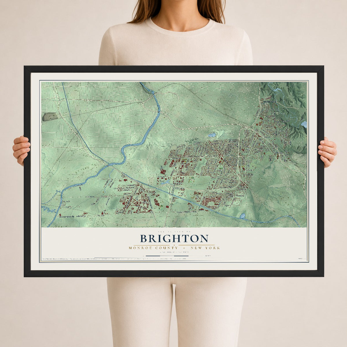 Map of Brighton, Monroe County, New York, 24 x 36 inch print in a black wood frame