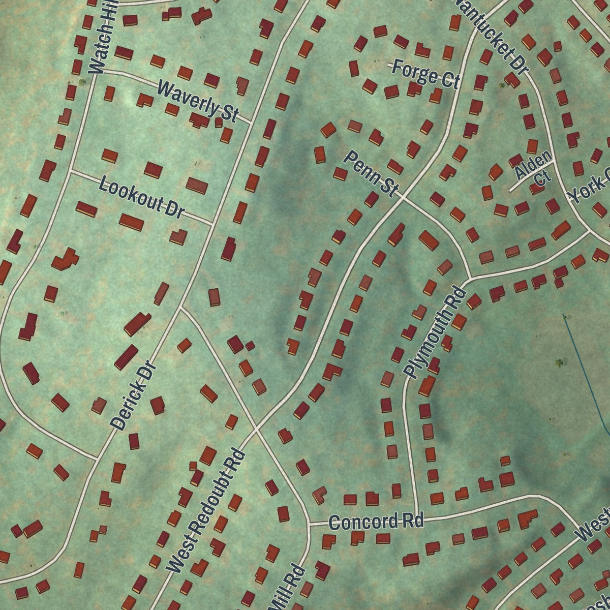 Close-up of the map of Brinckerhoff, New York print showing street and building detail
