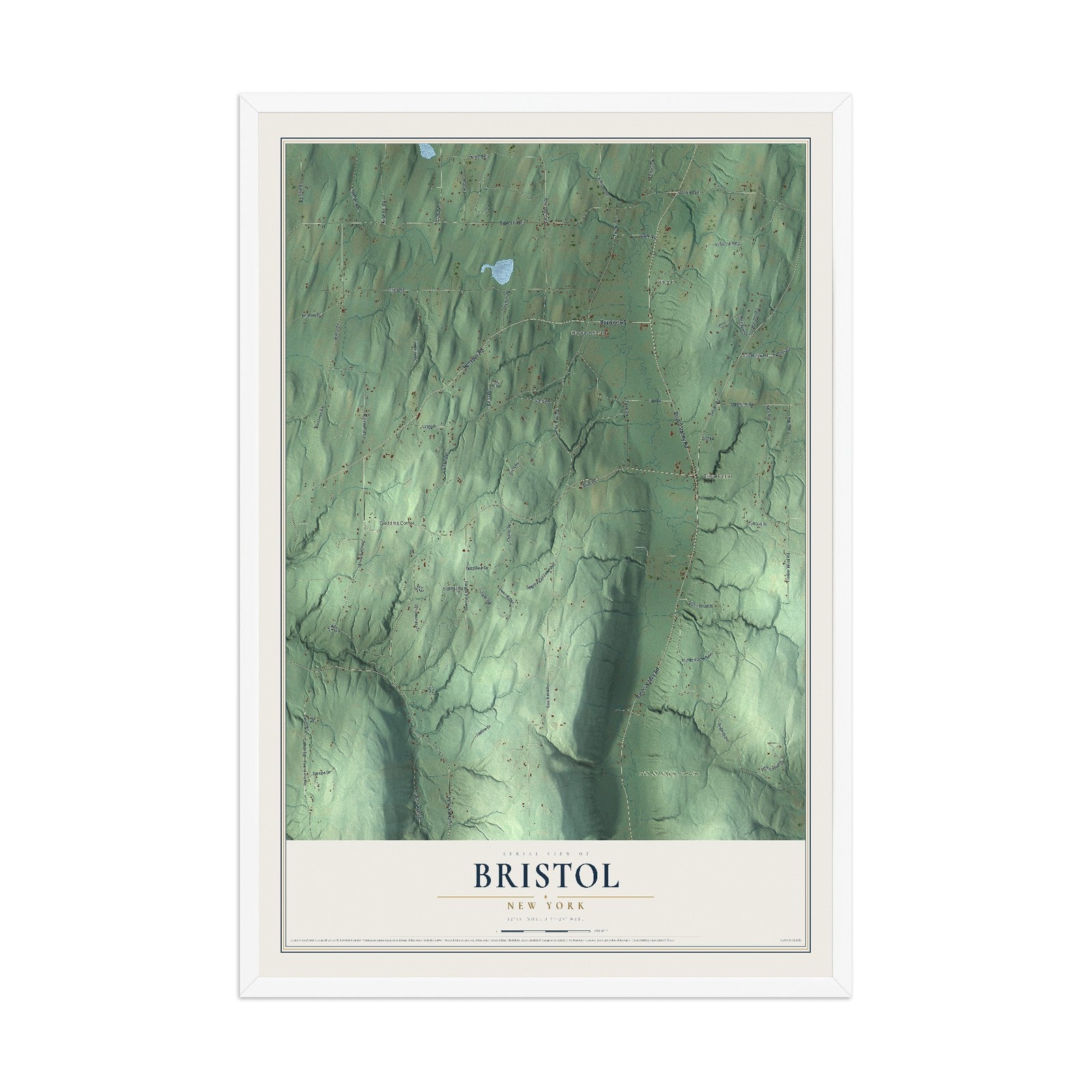 Bristol, New York map print, 12" x 18" W/ White Ayous Wood Frame mockup