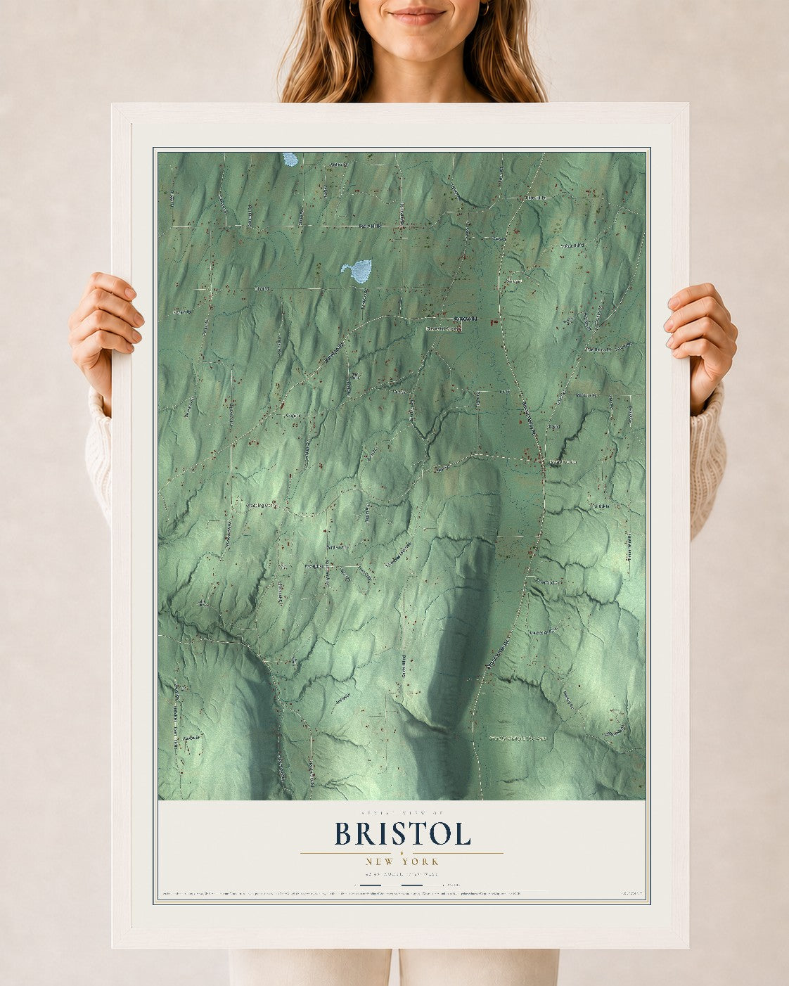 Bristol, New York map print, 24" x 36" W/ White Ayous Wood Frame mockup