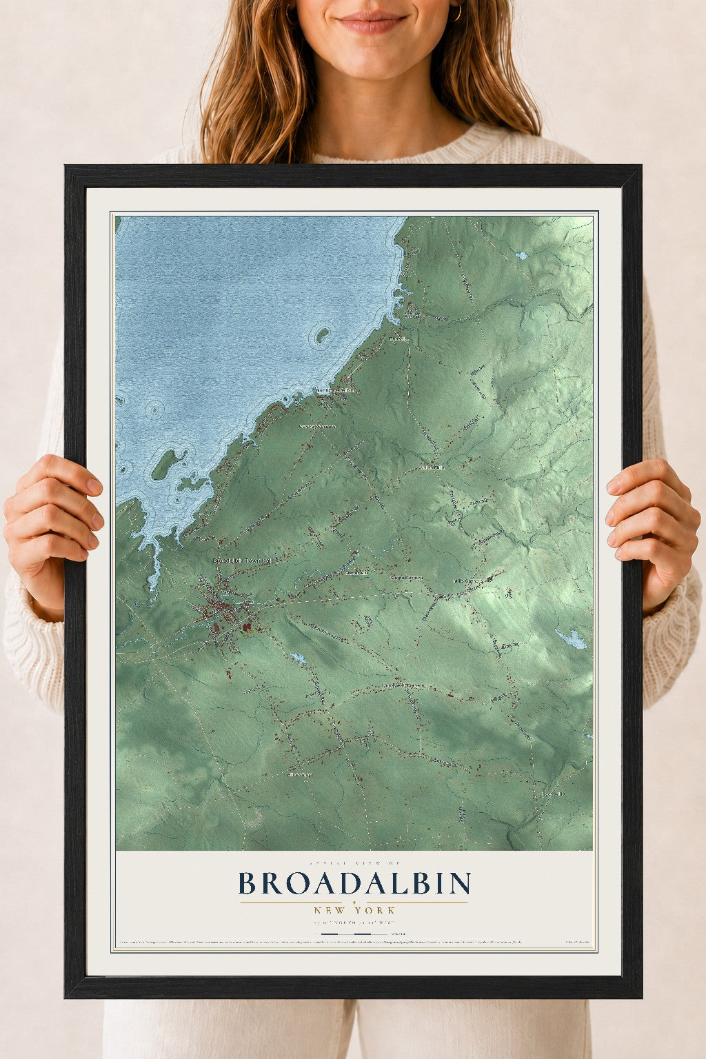 Broadalbin, New York map print, 18" x 24" W/ Black Ayous Wood Frame mockup