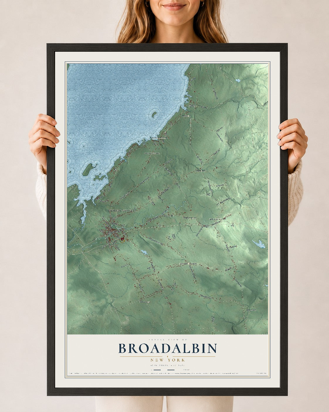 Broadalbin, New York map print, 24" x 36" W/ Black Ayous Wood Frame mockup