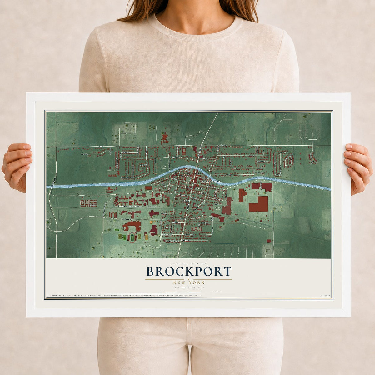 Brockport, New York map print, 12" x 18" W/ White Ayous Wood Frame mockup