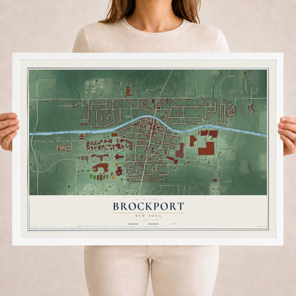 Brockport, New York map print, 18" x 24" W/ White Ayous Wood Frame mockup