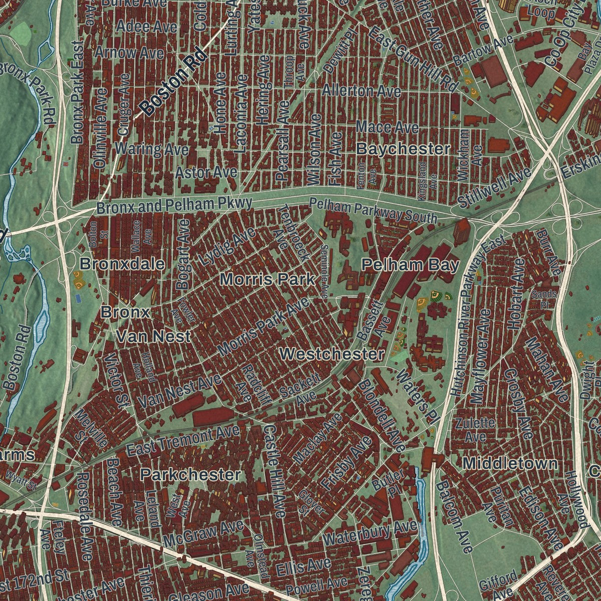 Close-up 1 of the Bronx, New York map artwork