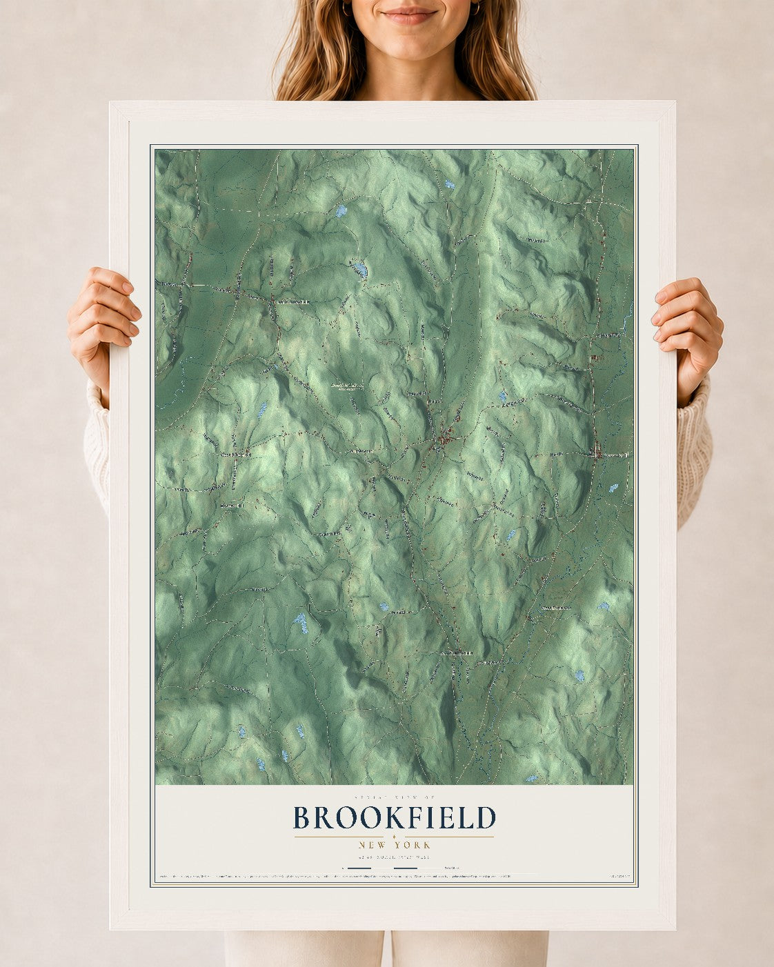 Brookfield, New York map print, 24" x 36" W/ White Ayous Wood Frame mockup