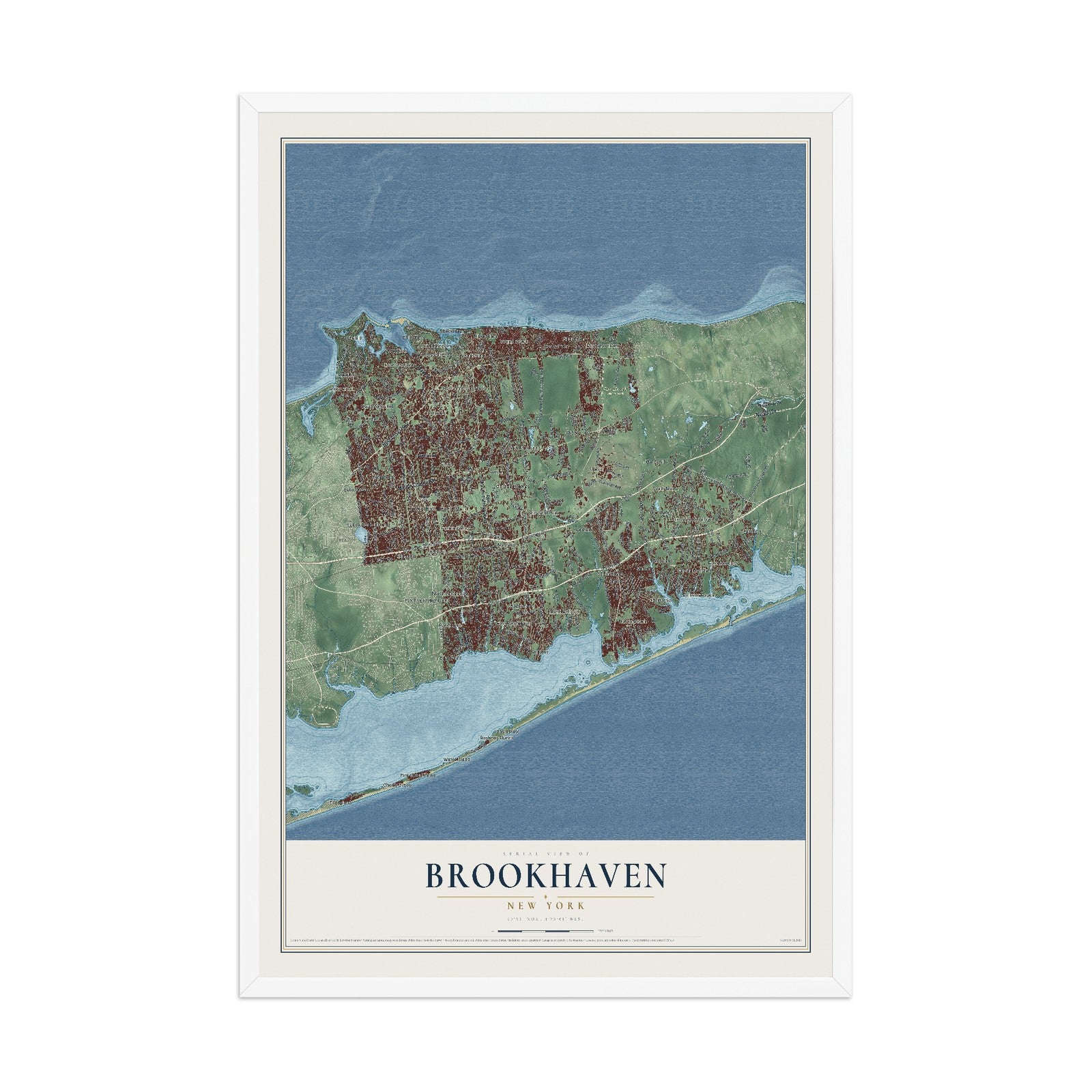 Brookhaven, New York map print, 12" x 18" W/ White Ayous Wood Frame mockup