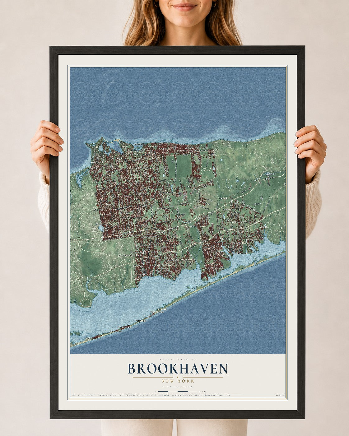 Brookhaven, New York map print, 24" x 36" W/ Black Ayous Wood Frame mockup
