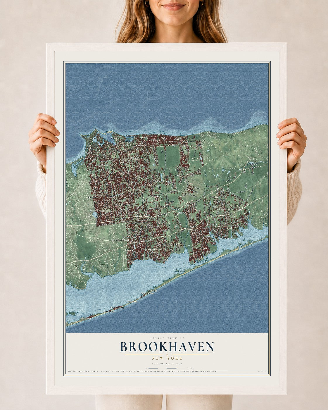 Brookhaven, New York map print, 24" x 36" W/ White Ayous Wood Frame mockup