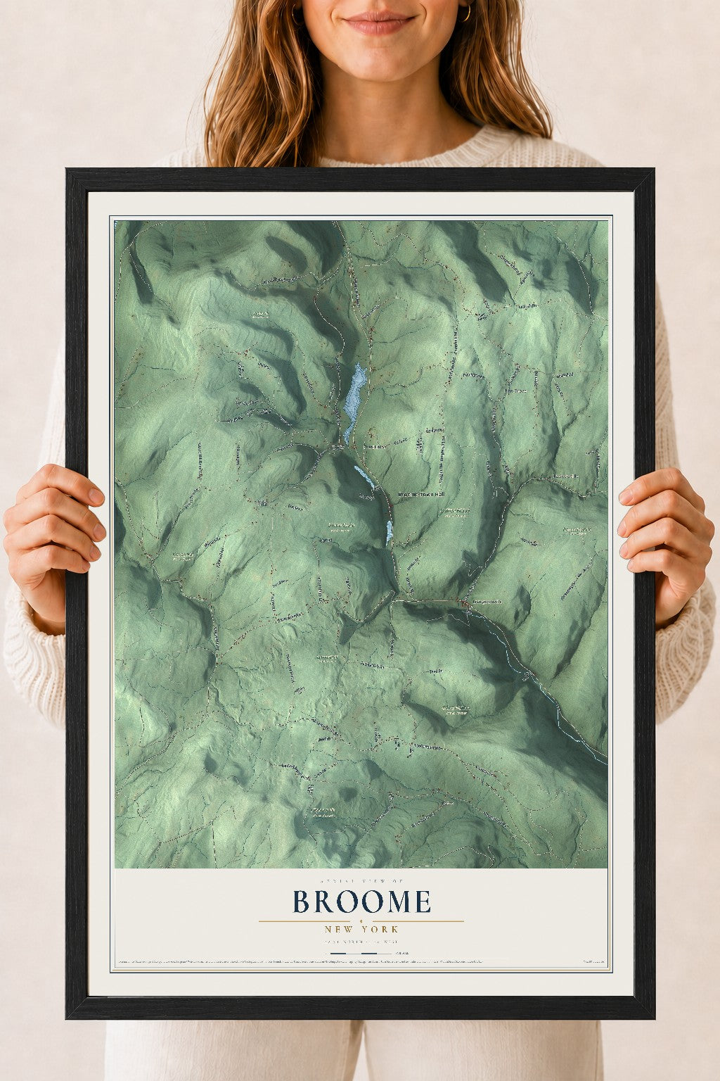 Broome, New York map print, 18" x 24" W/ Black Ayous Wood Frame mockup