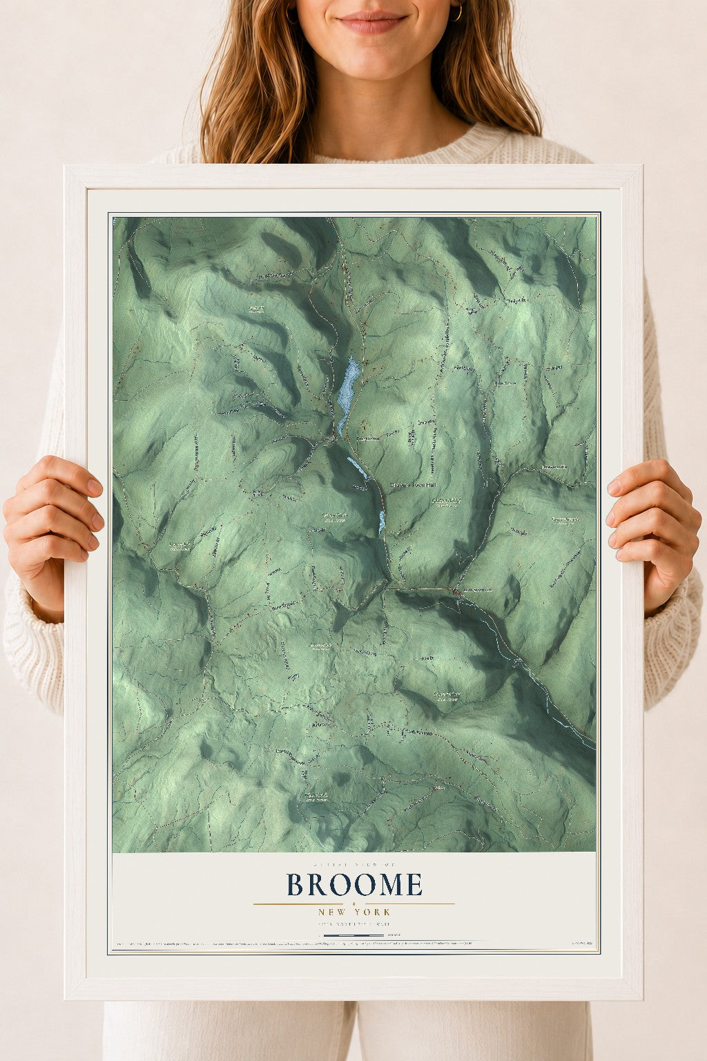 Broome, New York map print, 18" x 24" W/ White Ayous Wood Frame mockup