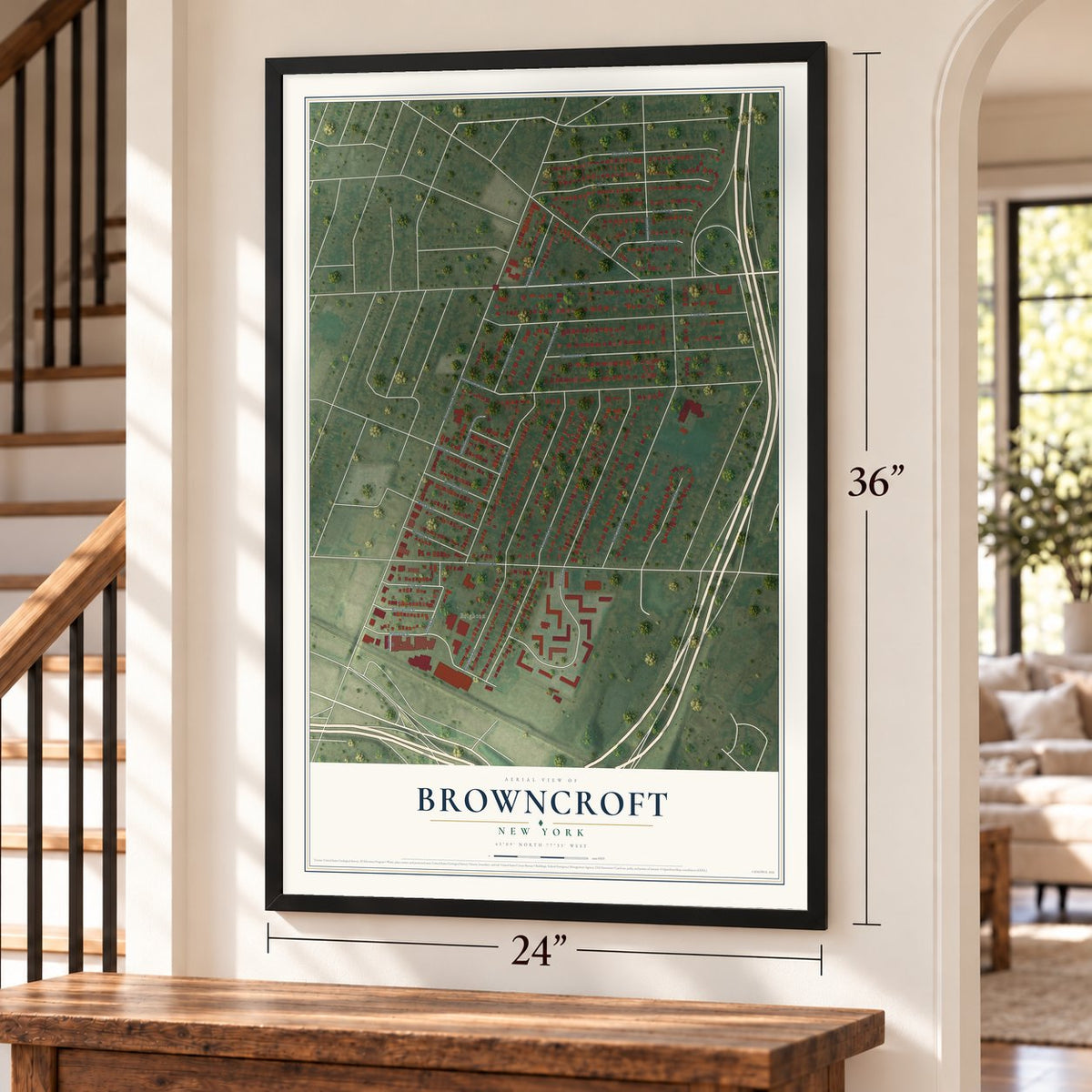 Browncroft, New York map, 24 x 36 inch print in a black frame by a staircase