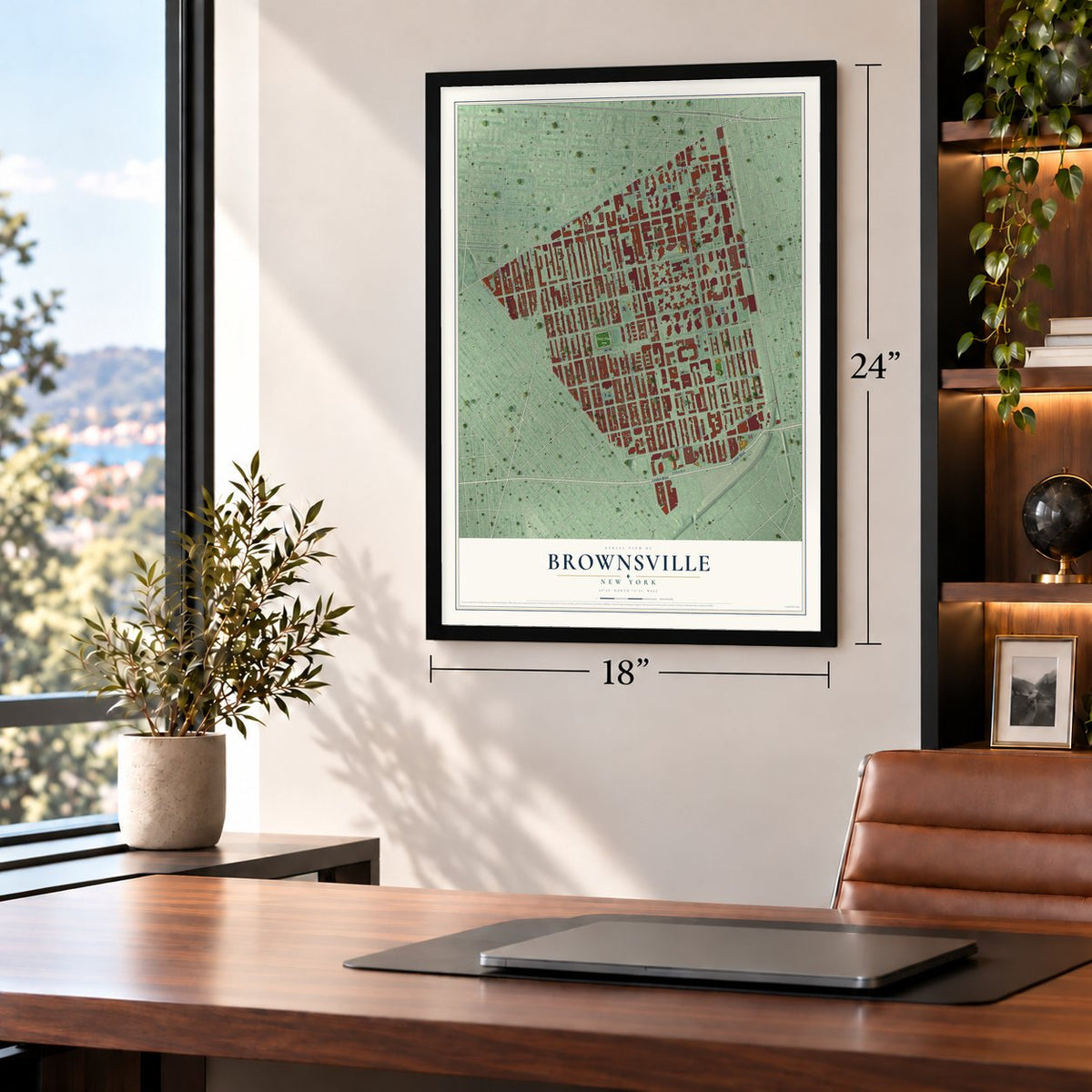 Brownsville, New York map, 18 x 24 inch print in a black frame in a home office