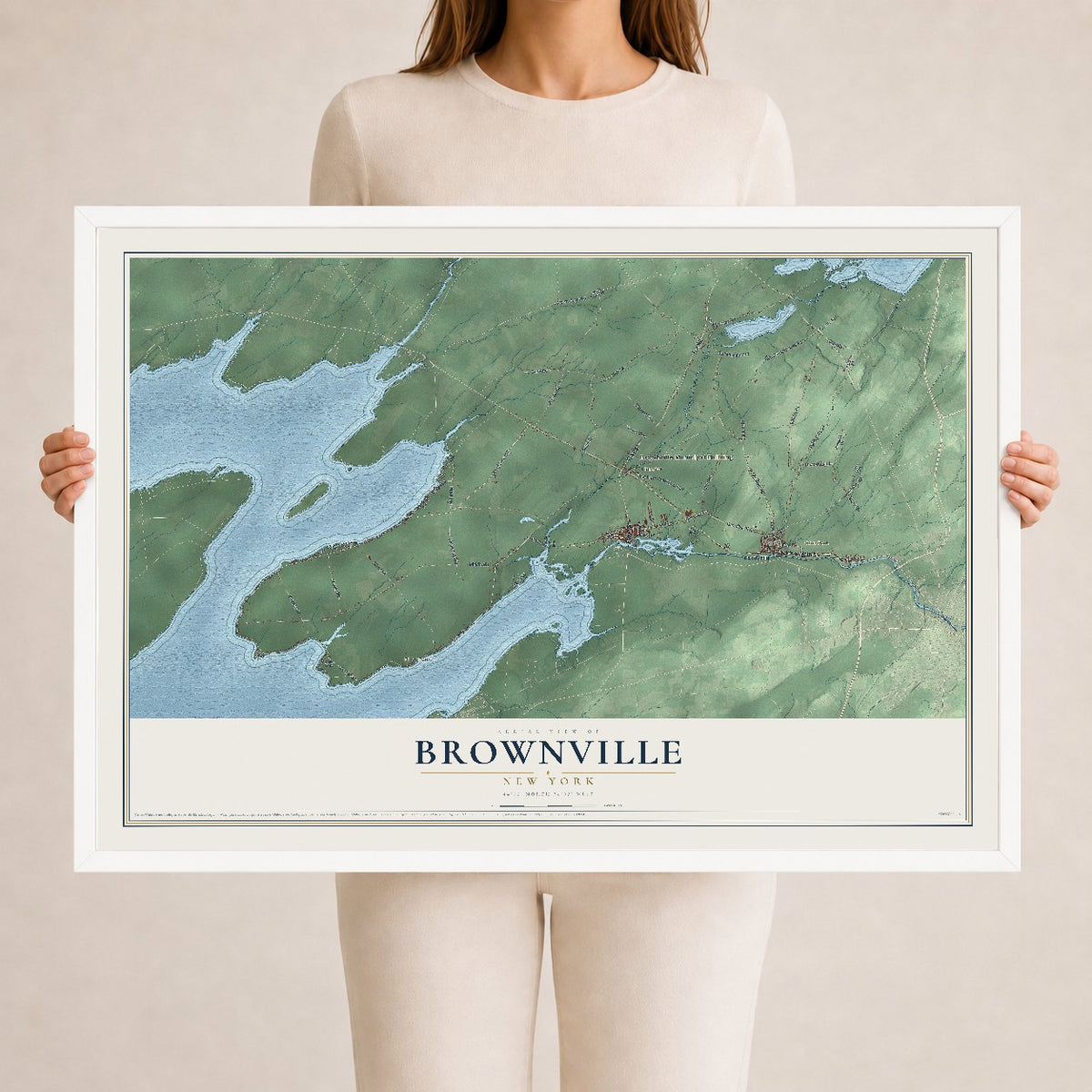 Brownville, New York map print, 24" x 36" W/ White Ayous Wood Frame mockup