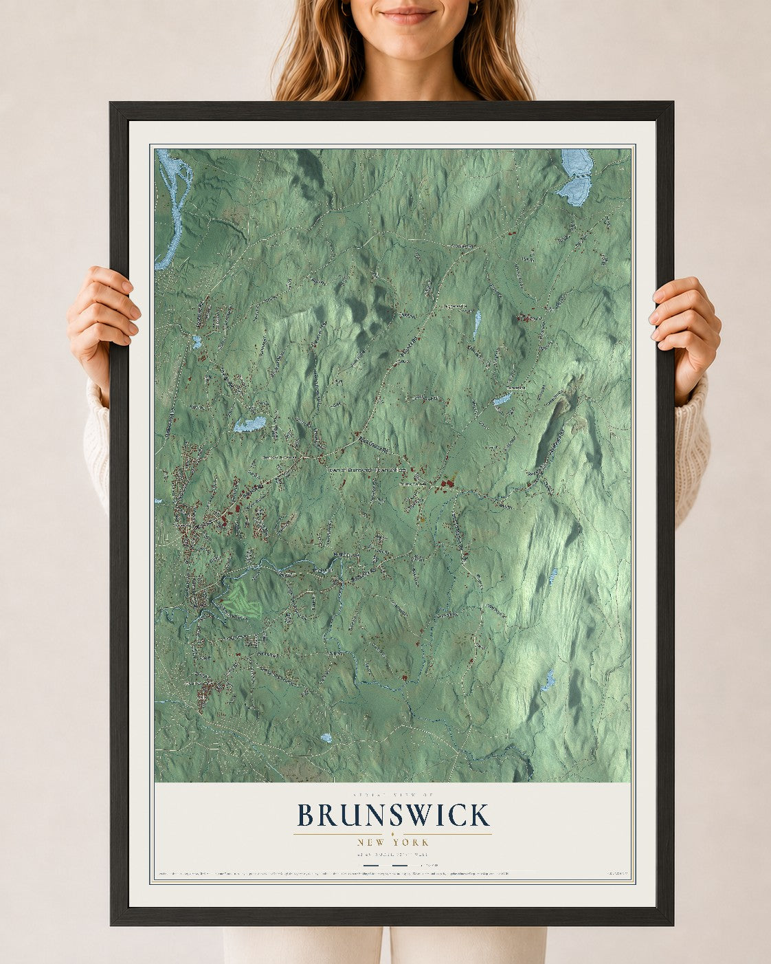Brunswick, New York map print, 24" x 36" W/ Black Ayous Wood Frame mockup