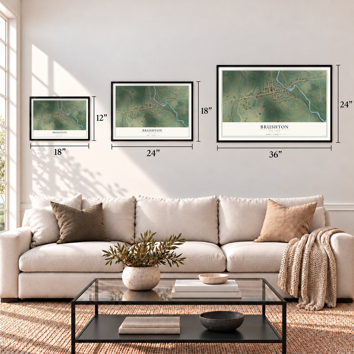 Brushton, New York map in 12 x 18, 18 x 24 and 24 x 36 inch sizes above a sofa