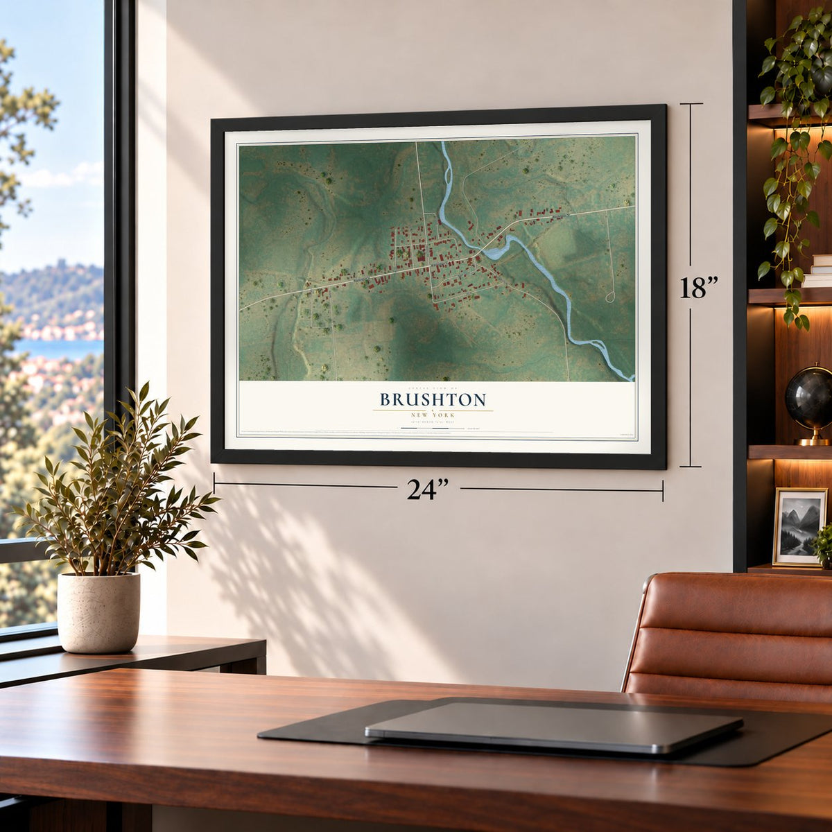 Brushton, New York map, 18 x 24 inch print in a black frame in a home office