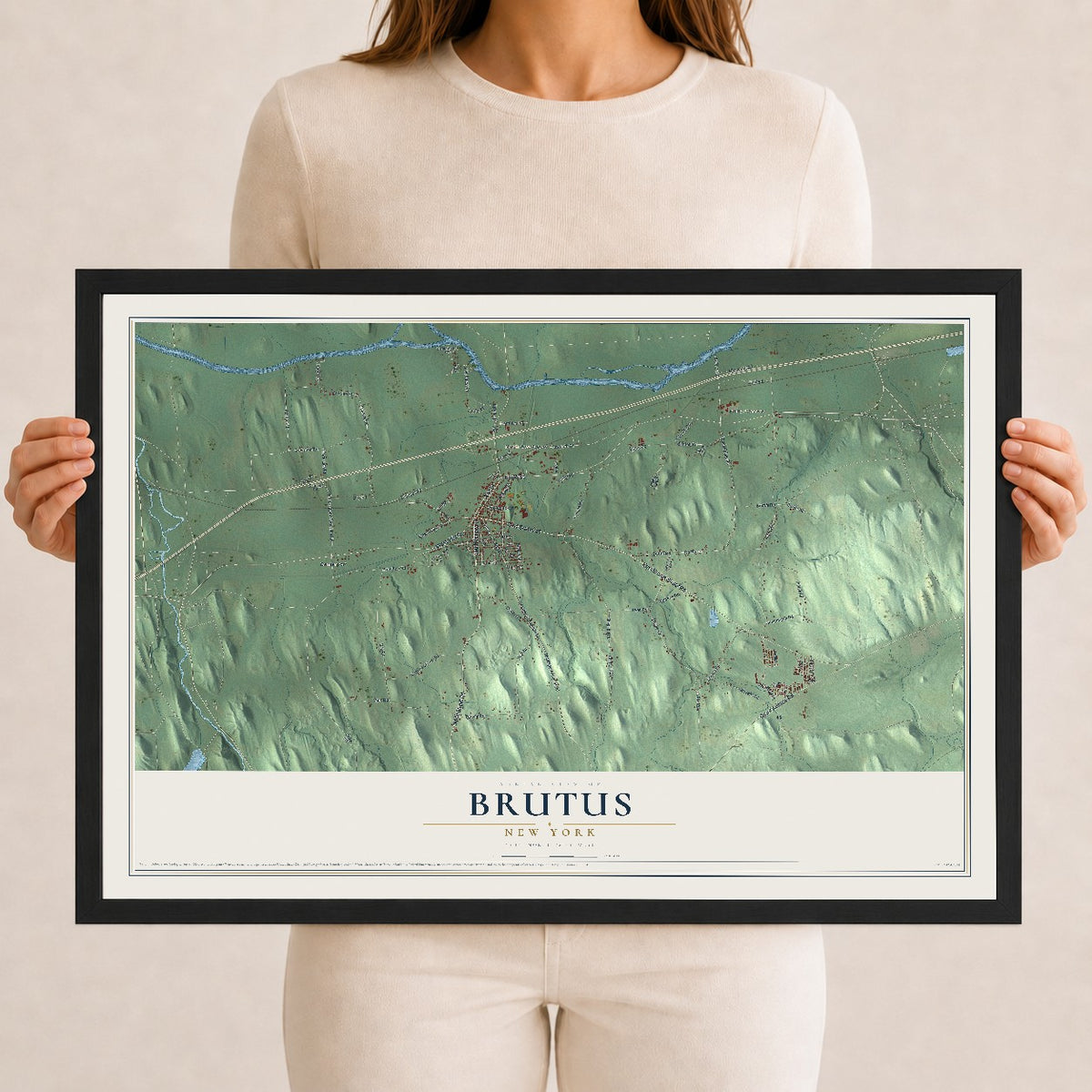 Brutus, New York map print, 12" x 18" W/ Black Ayous Wood Frame mockup