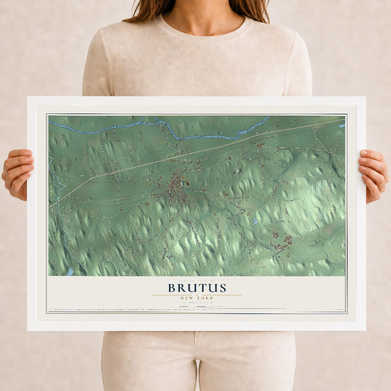 Brutus, New York map print, 12" x 18" W/ White Ayous Wood Frame mockup