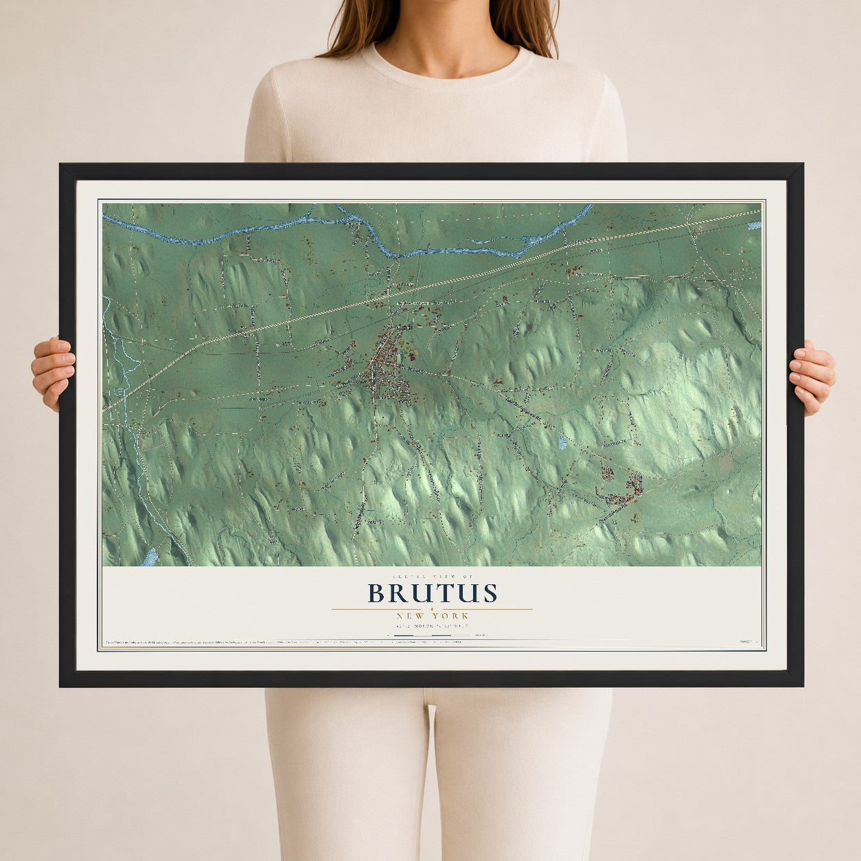 Brutus, New York map print, 24" x 36" W/ Black Ayous Wood Frame mockup