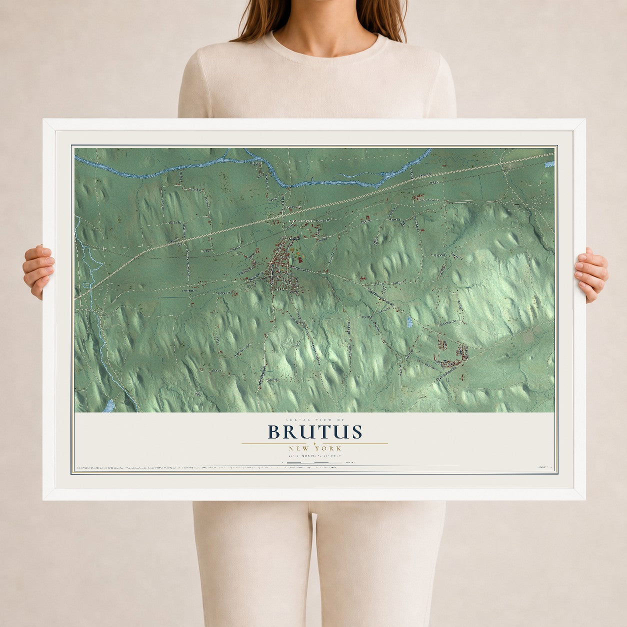 Brutus, New York map print, 24" x 36" W/ White Ayous Wood Frame mockup