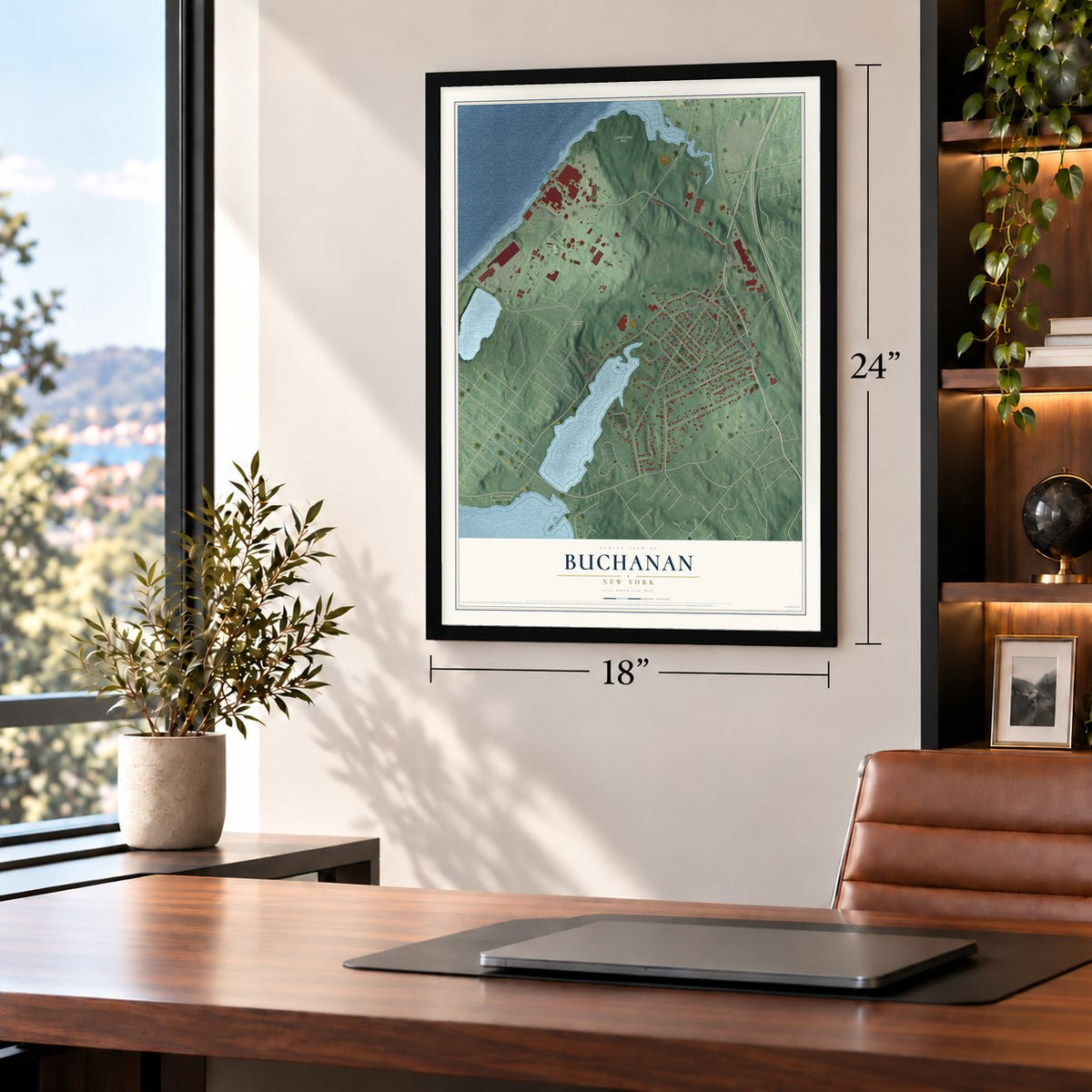 Buchanan, New York map, 18 x 24 inch print in a black frame in a home office
