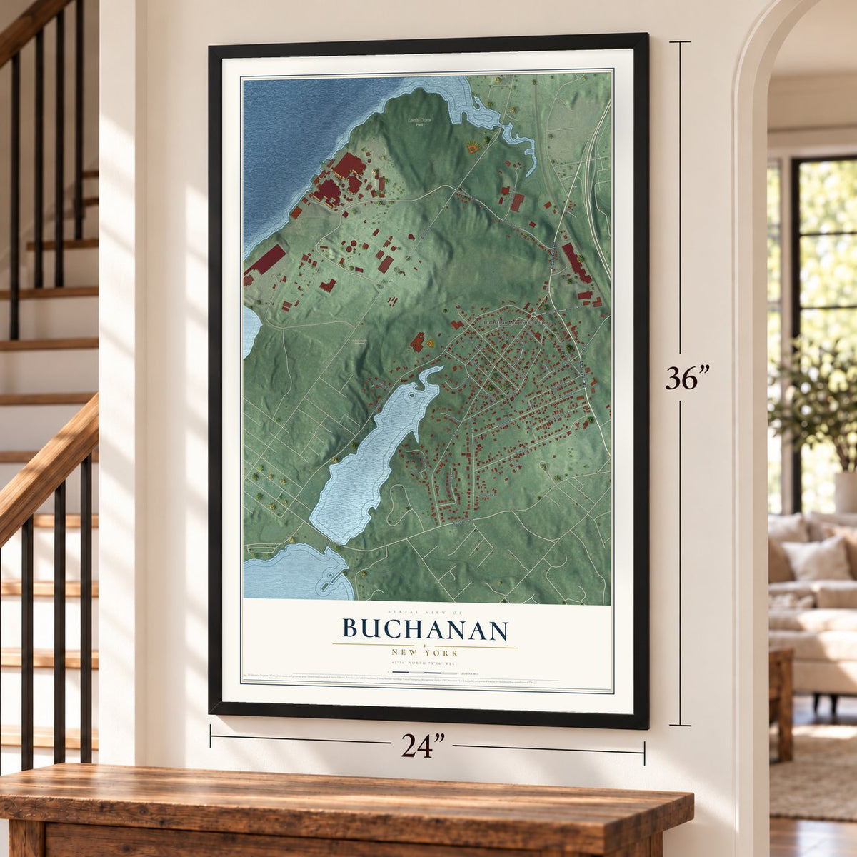 Buchanan, New York map, 24 x 36 inch print in a black frame by a staircase
