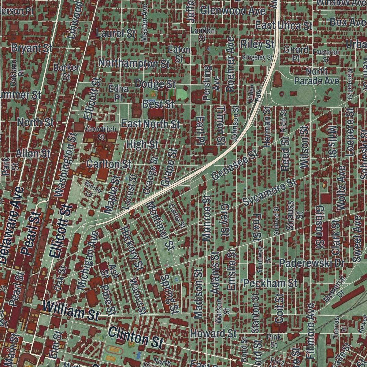 Close-up of the map of Buffalo, New York print showing street and building detail