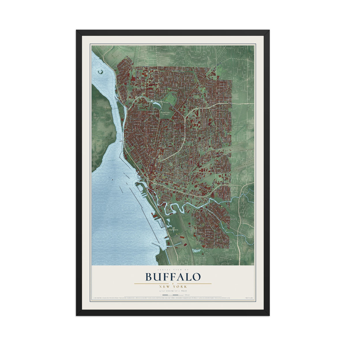 Map of Buffalo, New York, 12 x 18 inch print in a black wood frame