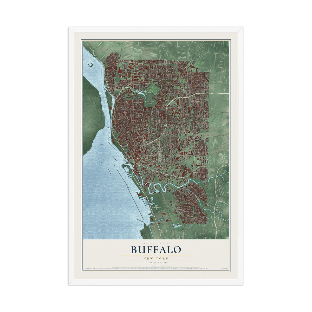 Buffalo, New York map print, 12" x 18" W/ White Ayous Wood Frame mockup