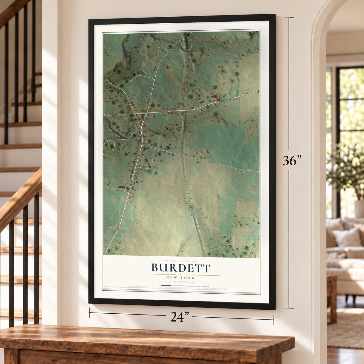 Burdett, New York map, 24 x 36 inch print in a black frame by a staircase
